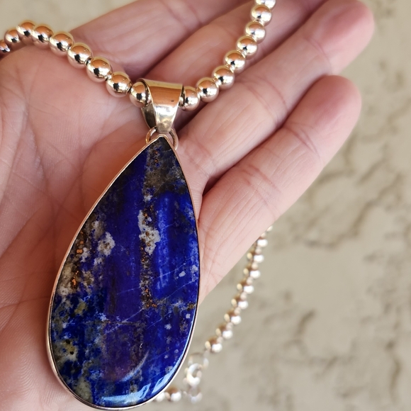 Sterling Silver SIGNED Lapis Pendant, And High Shine Sterling Necklace Set - Picture 16 of 17